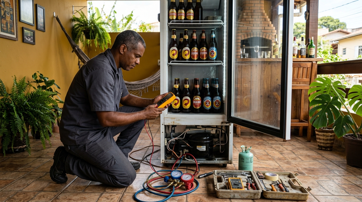 Placa eletrônica de cervejeira em reparo na bancada em Curitiba‑PR