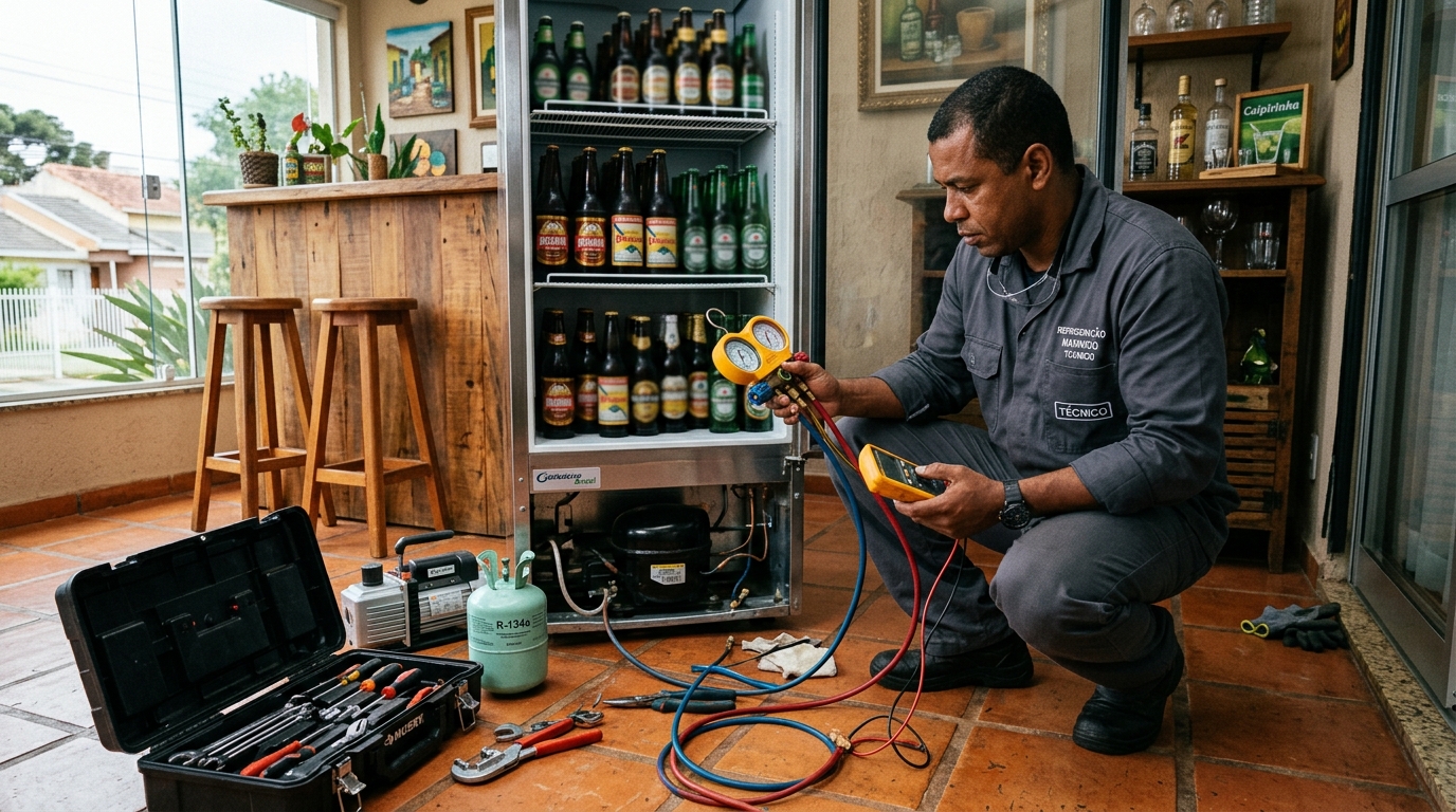 Técnico revisando o motor de uma cervejeira durante chamado em Curitiba‑PR