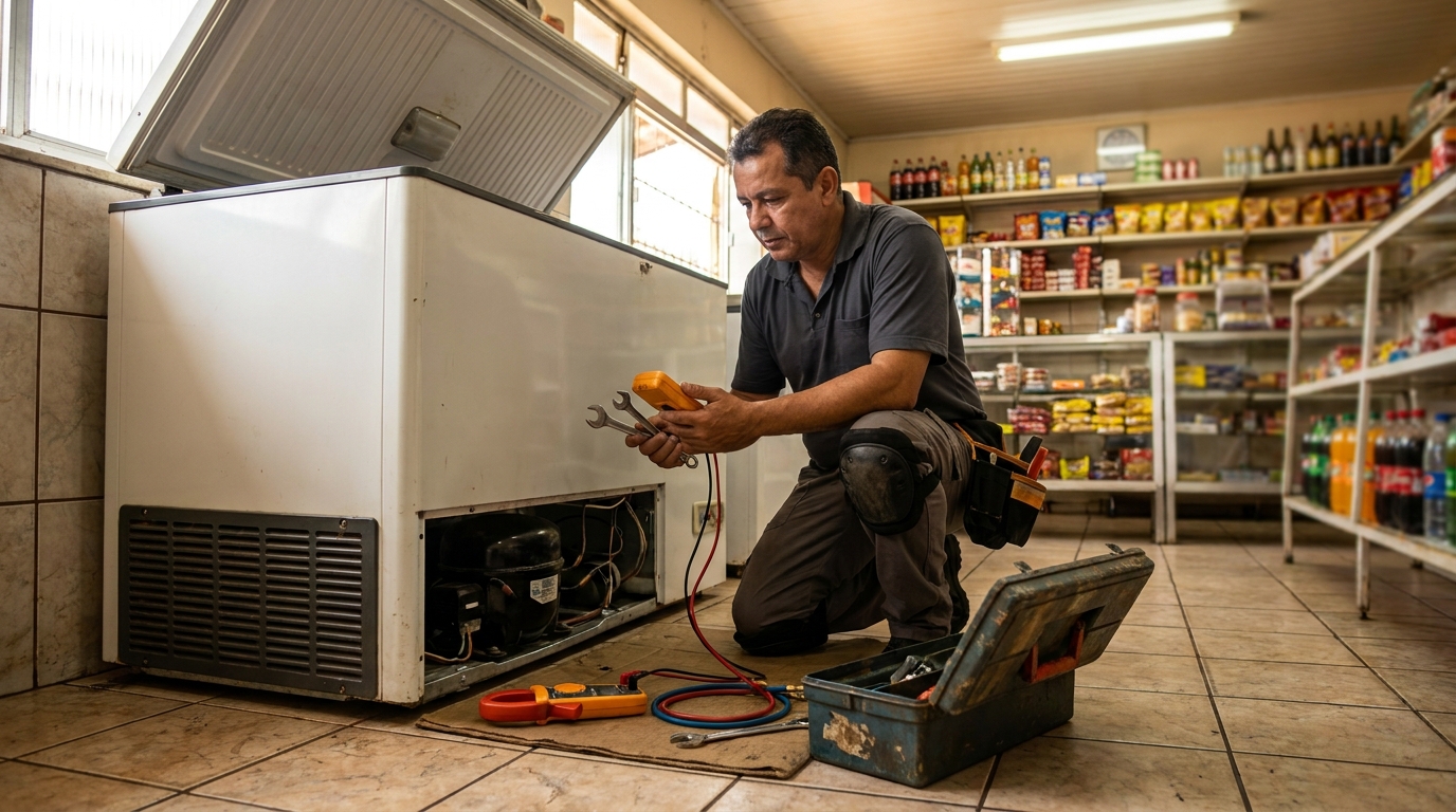 Técnico reparando o motor de um freezer horizontal em Curitiba‑PR