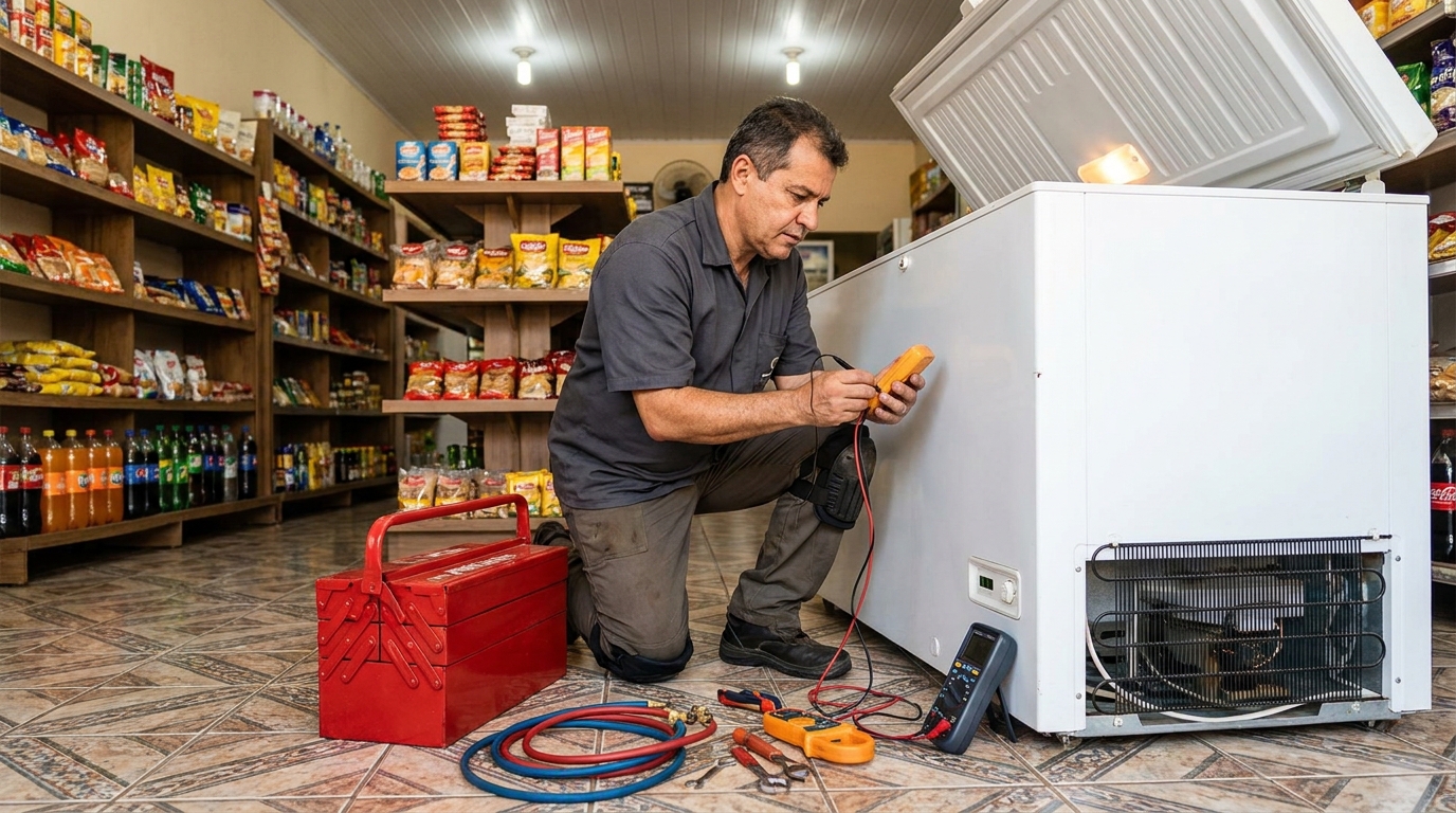 Manômetro conectado ao circuito durante recarga de gás de freezer em Curitiba‑PR