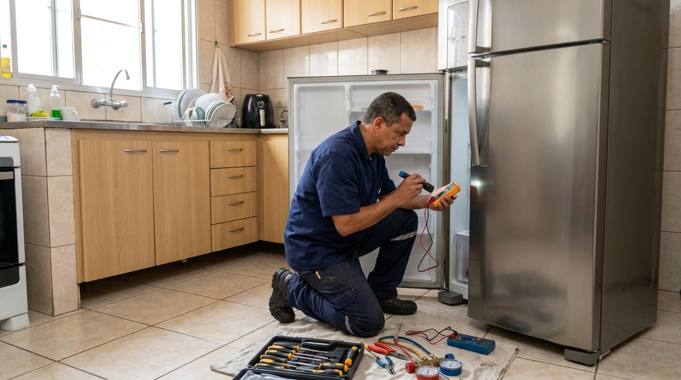 Técnico fazendo recarga de gás em geladeira de cliente em Curitiba‑PR