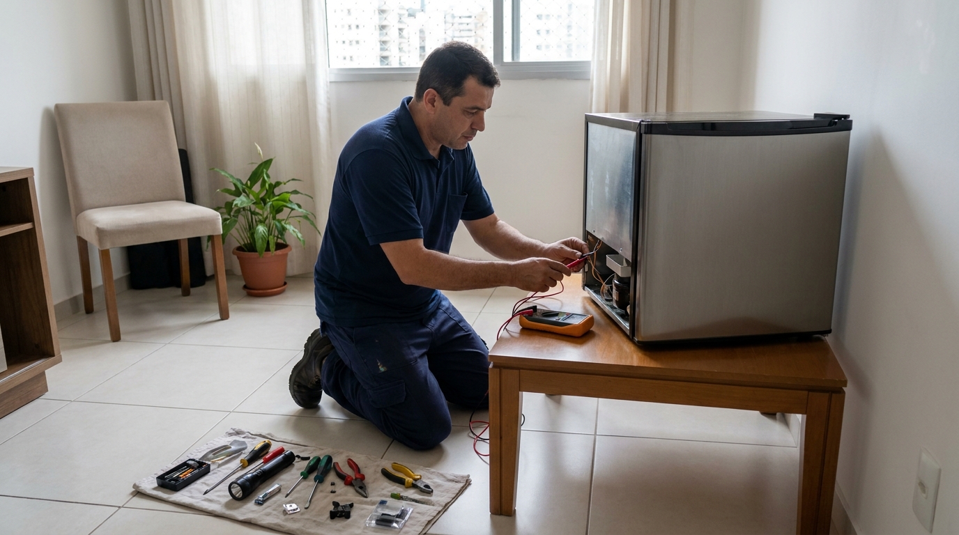 Técnico avaliando um frigobar compacto durante atendimento em Curitiba‑PR